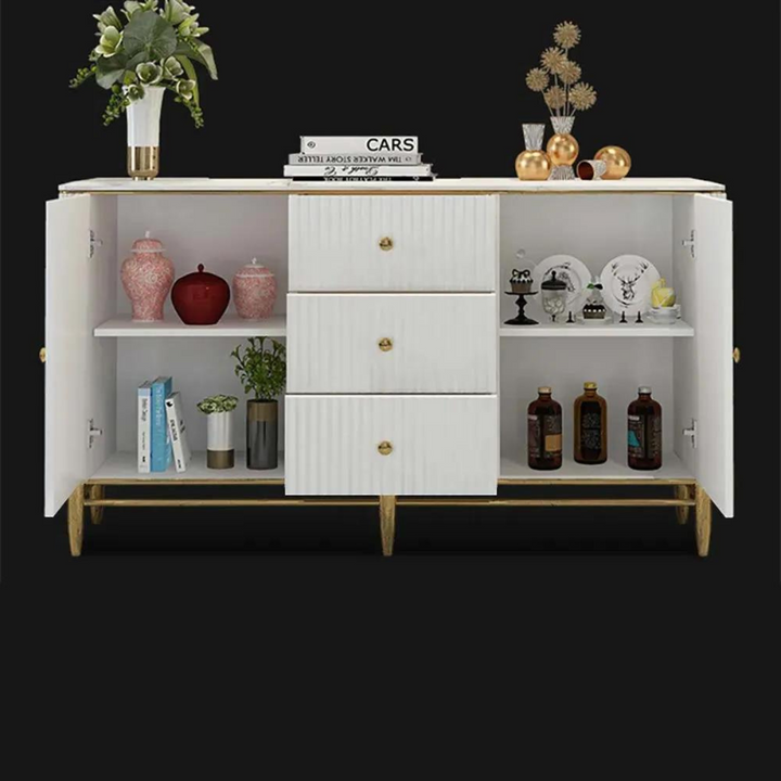 Front view of buffets faux white side table in Australia with open cabinet – spacious interior and modern design