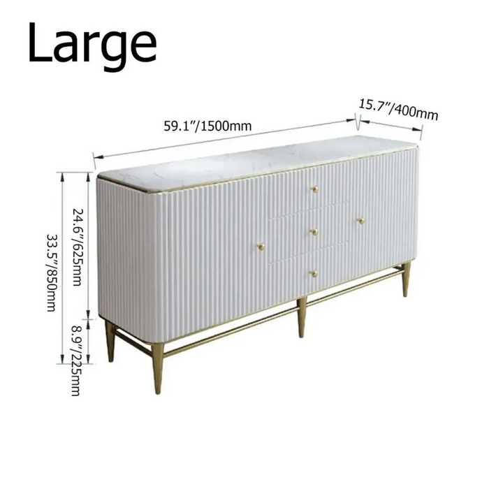 Large buffets faux white side table in Australia – measurement view showing dimensions and spacious design