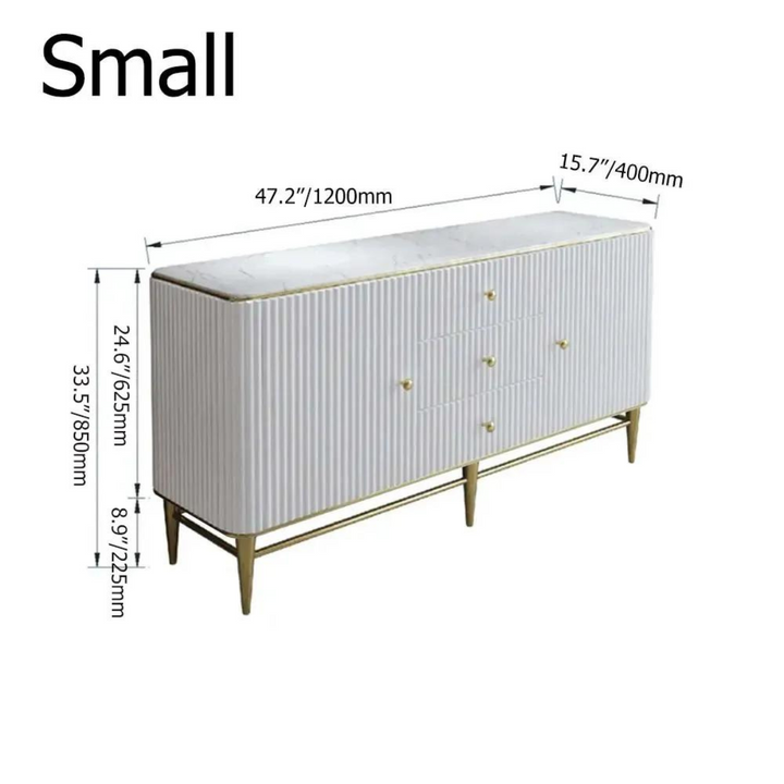 Large buffets faux white side table in Australia – measurement view showing dimensions and spacious design