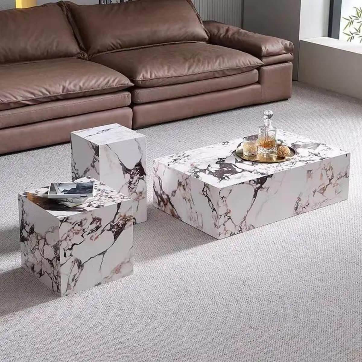 Calacatta Viola marble stone coffee table set in stylish living room interior