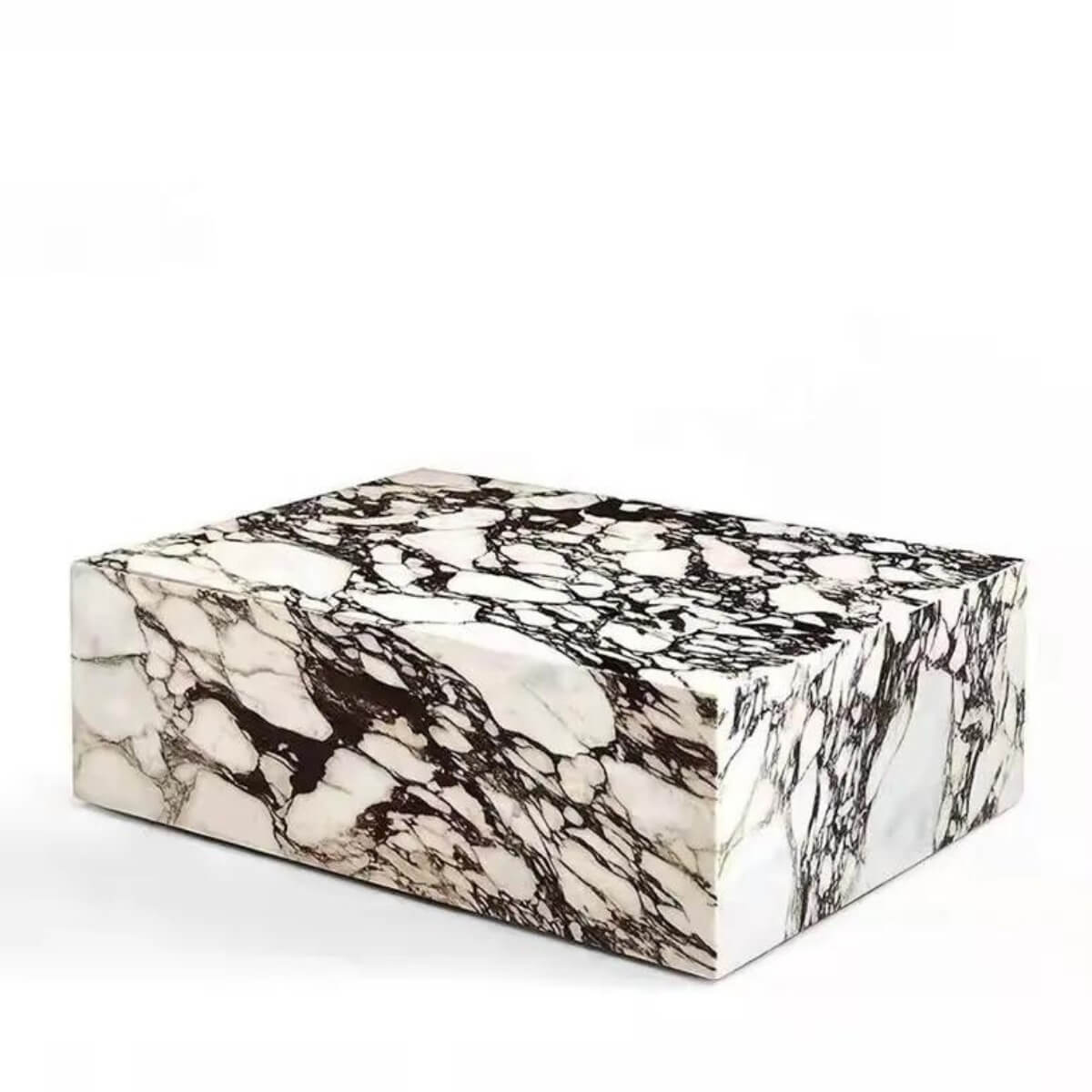 Side view of Calacatta Viola marble stone coffee table showcasing its luxurious design