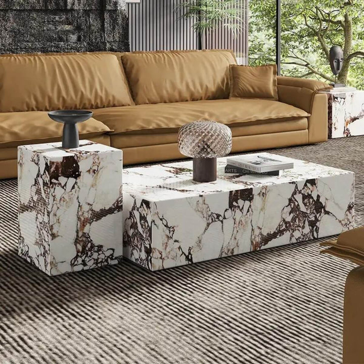 Side view of Calacatta Viola marble stone coffee table set showcasing elegant design