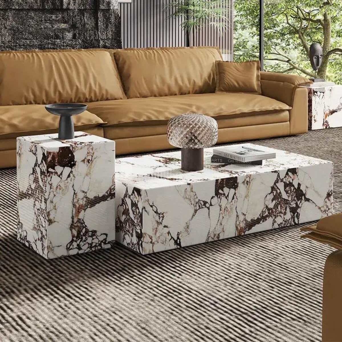 Side view of Calacatta Viola marble stone coffee table set showcasing elegant design