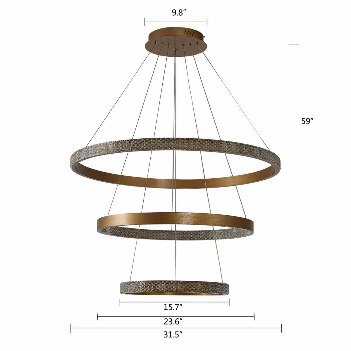 Dimension diagram of Claudia LED crystal pendant ceiling light showing measurements