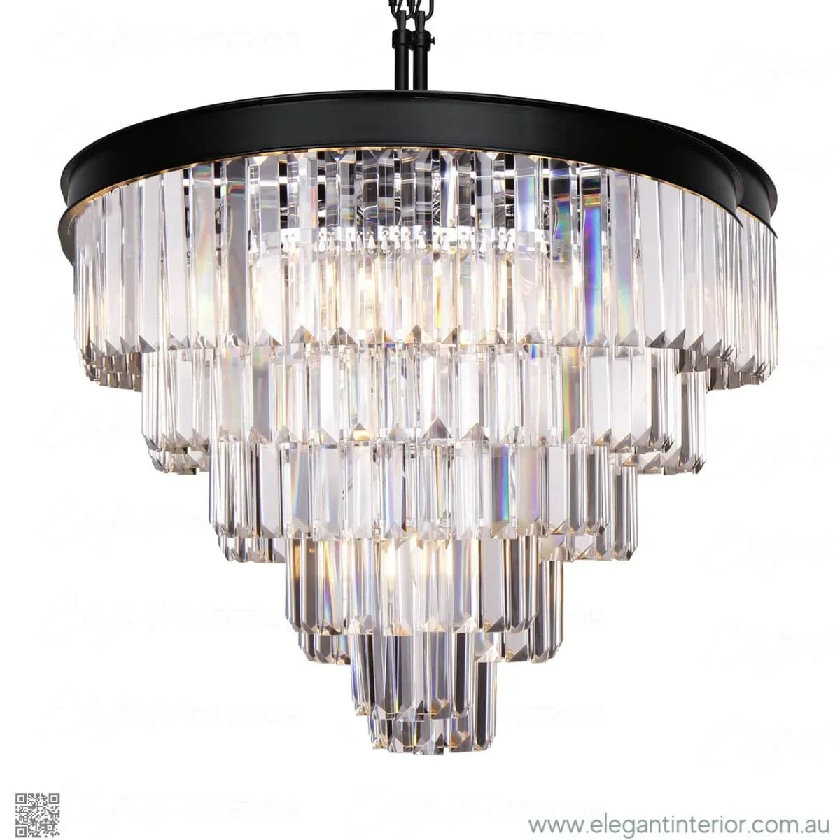 Close-up view of Cloe chandelier featuring stunning rectangular crystal prisms