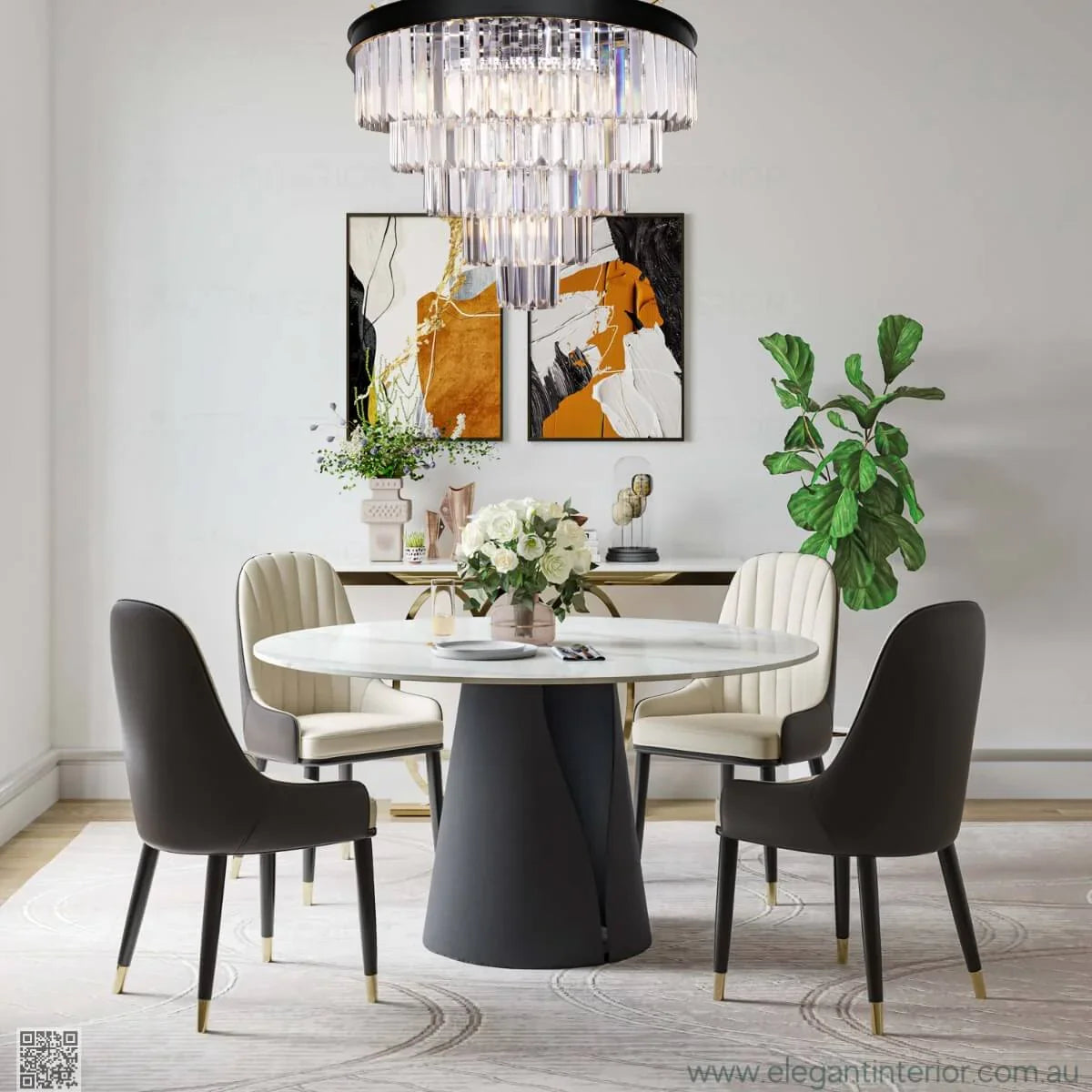 Cloe chandelier in an elegant dining room interior, featuring rectangular crystal prisms