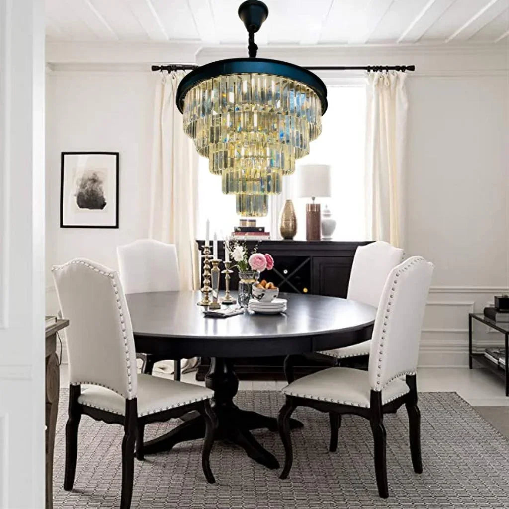 View of Cloe chandelier with stunning rectangular crystal prisms in a luxurious living room