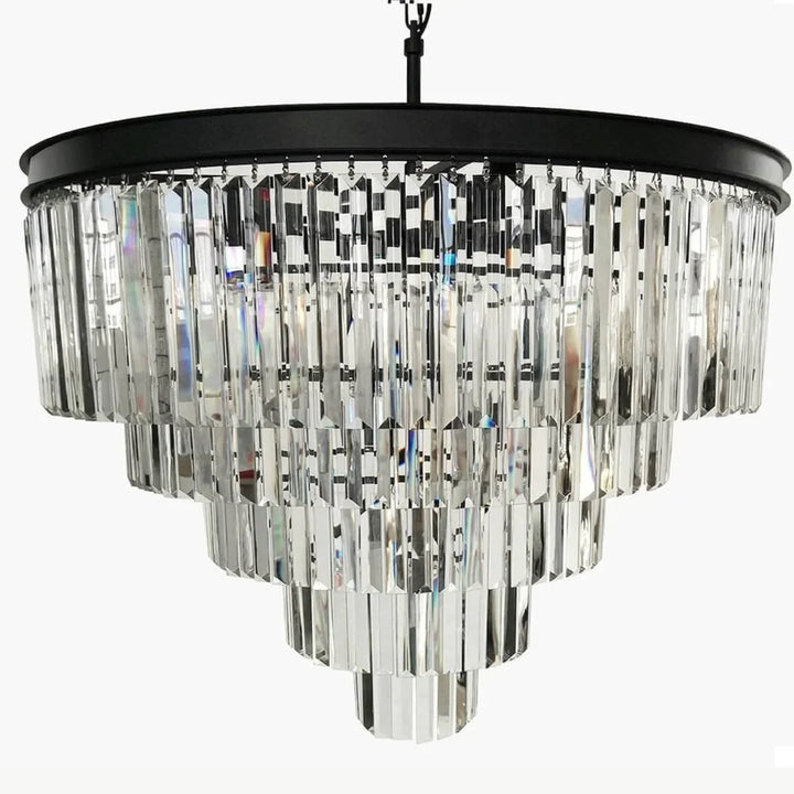 Front view of Cloe chandelier featuring stunning rectangular crystal prisms