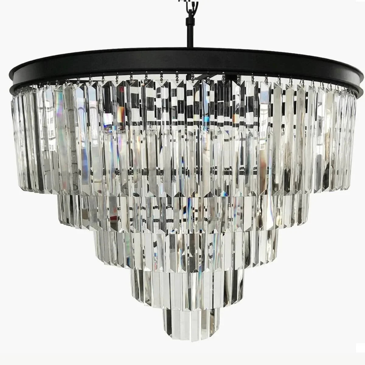 Front view of Cloe chandelier featuring stunning rectangular crystal prisms