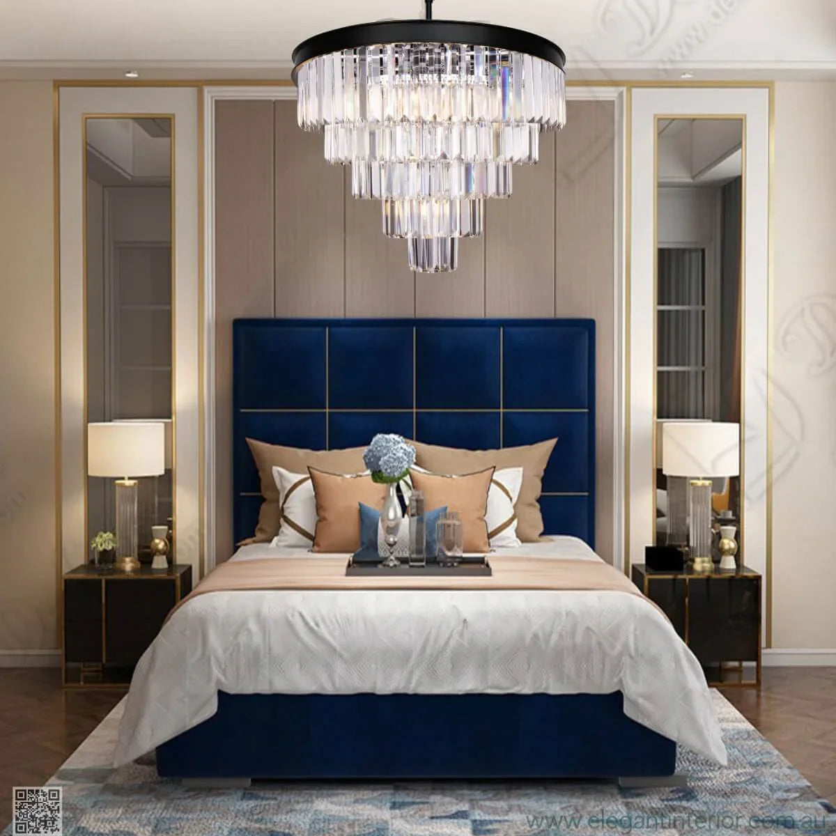 View of Cloe chandelier with stunning rectangular crystal prisms in a bedroom interior