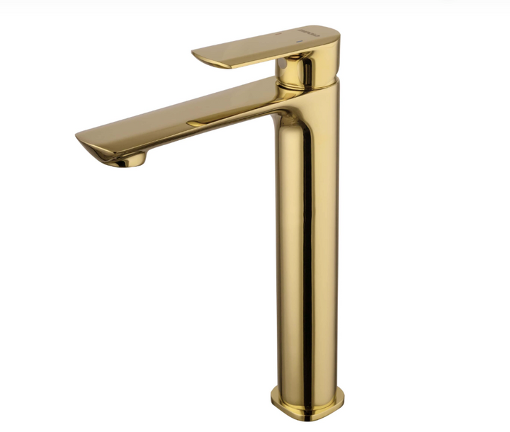 Custom-made Eclipse tall basin mixer in golden finish, modern stylish faucet for elegant bathrooms