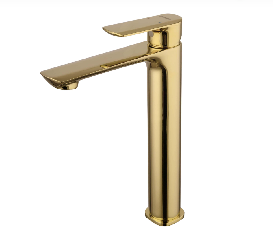 Custom-made Eclipse tall basin mixer in golden finish, modern stylish faucet for elegant bathrooms