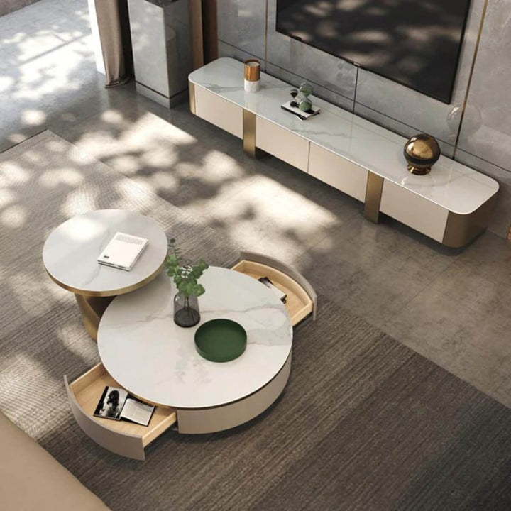 Top view of Davin coffee table in living room with drawer open showcasing design features