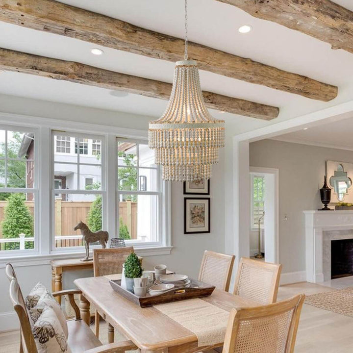 Dawn Chandelier with Wooden Beads – Dining Room View of Elegant Interior Lighting