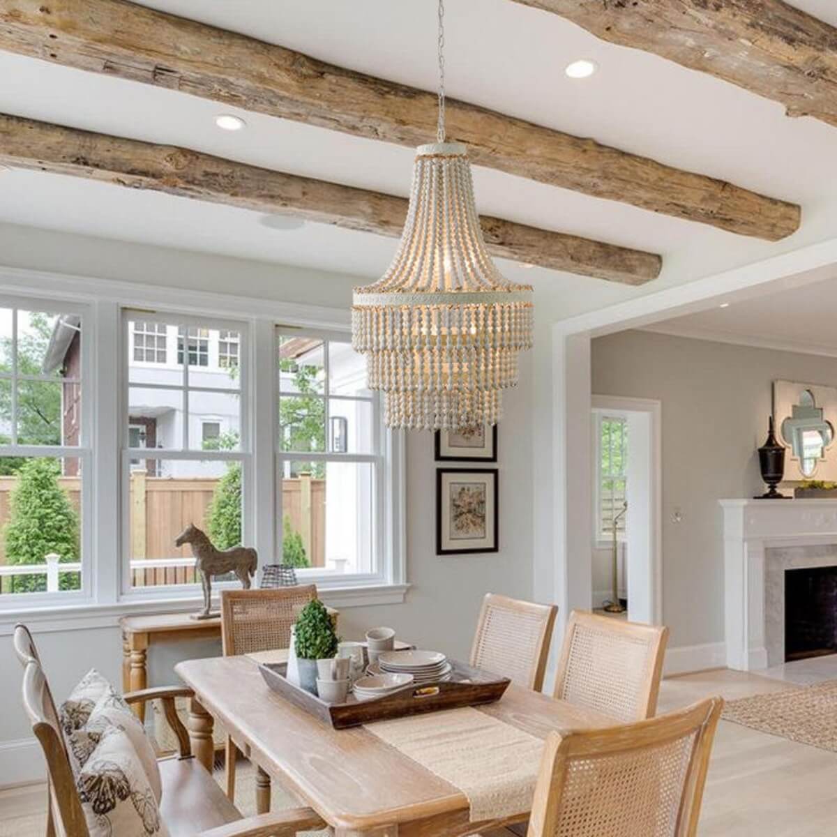 Dawn Chandelier with Wooden Beads – Dining Room View of Elegant Interior Lighting