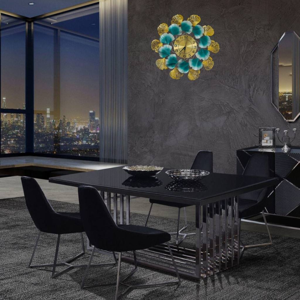 Emerald metal luxury designer wall clock in stylish dining room setting with modern decor