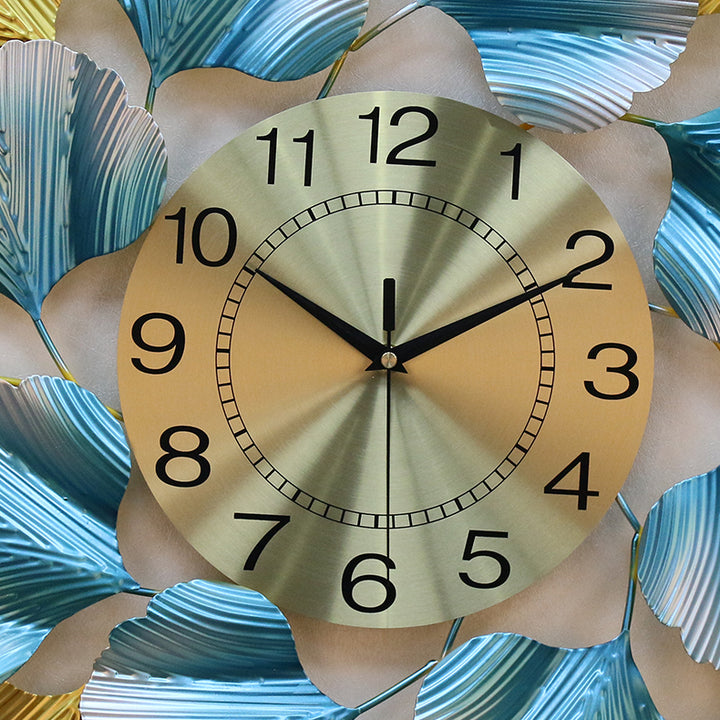 Close-up of dial on Emerald metal designer luxury wall clock showing detailed craftsmanship