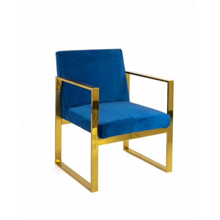 Corner view of gold navy armchair – elegant design with rich navy fabric and luxurious gold accents