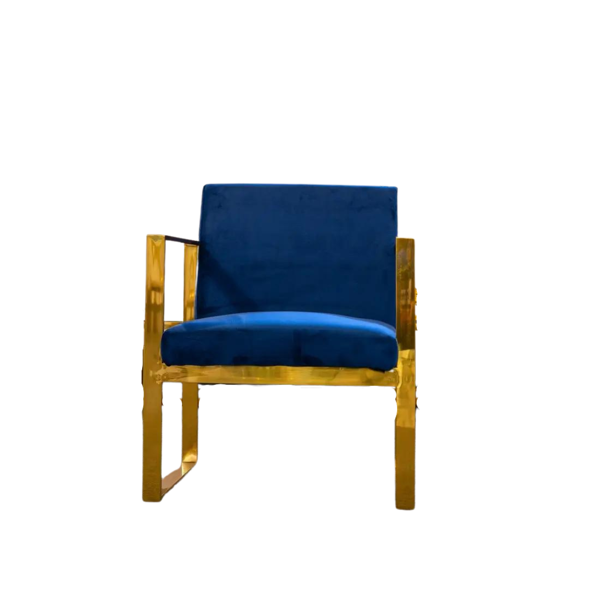 Front view of gold navy armchair – sophisticated design with plush navy upholstery and gold detailing