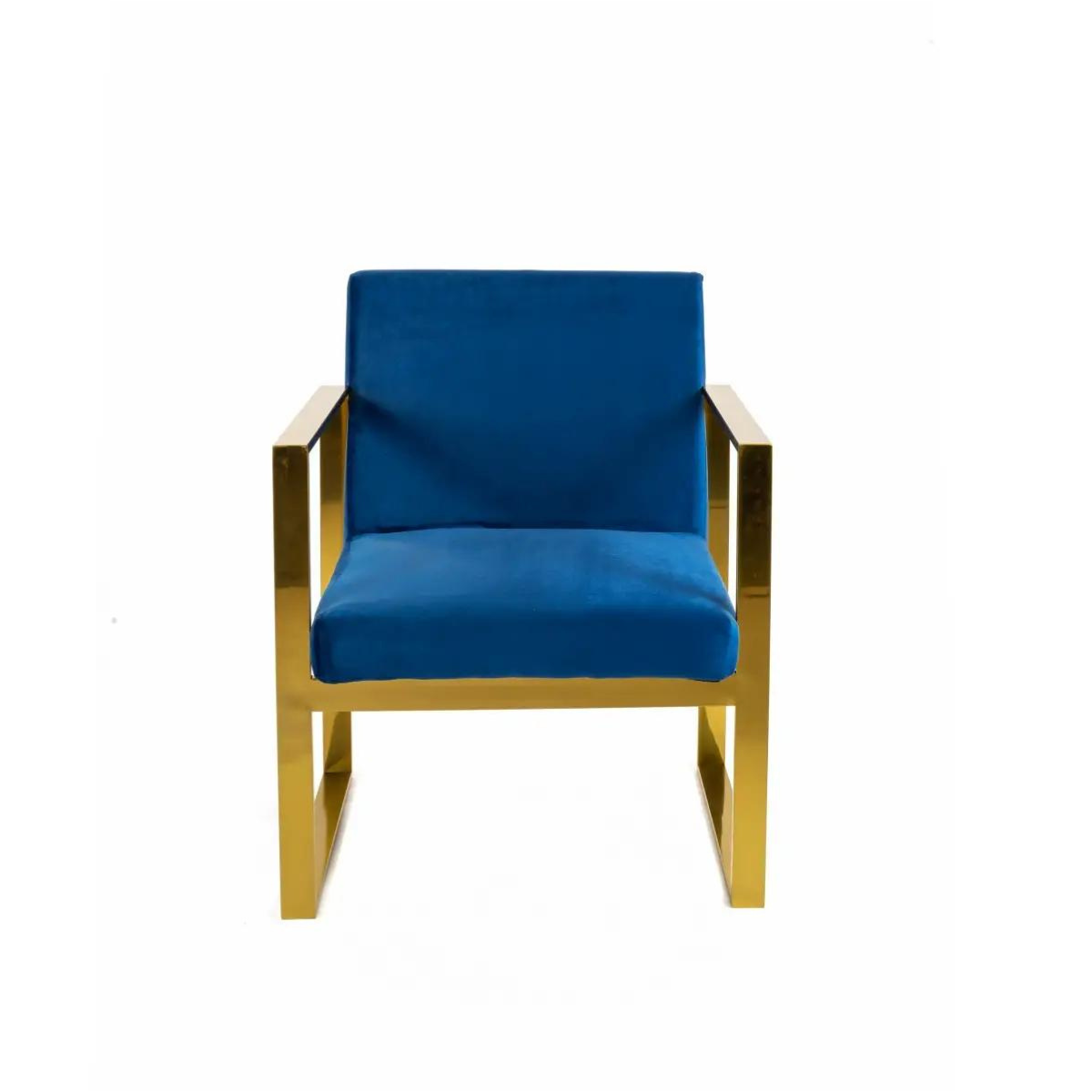 Front view of gold navy armchair – stylish navy fabric with elegant gold accents and comfortable cushioning
