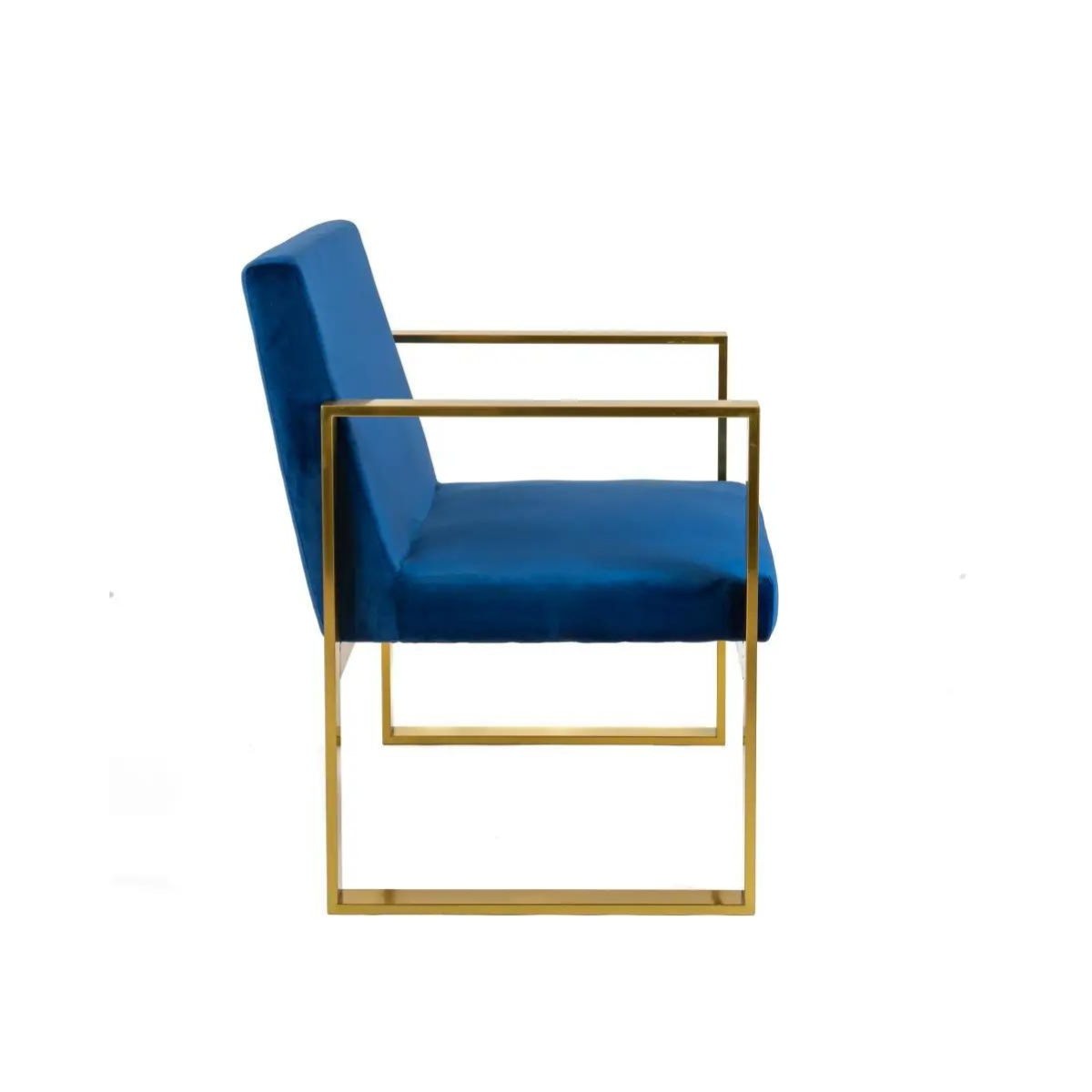 Side view of gold navy armchair – luxurious navy fabric with elegant gold frame and comfortable cushioning