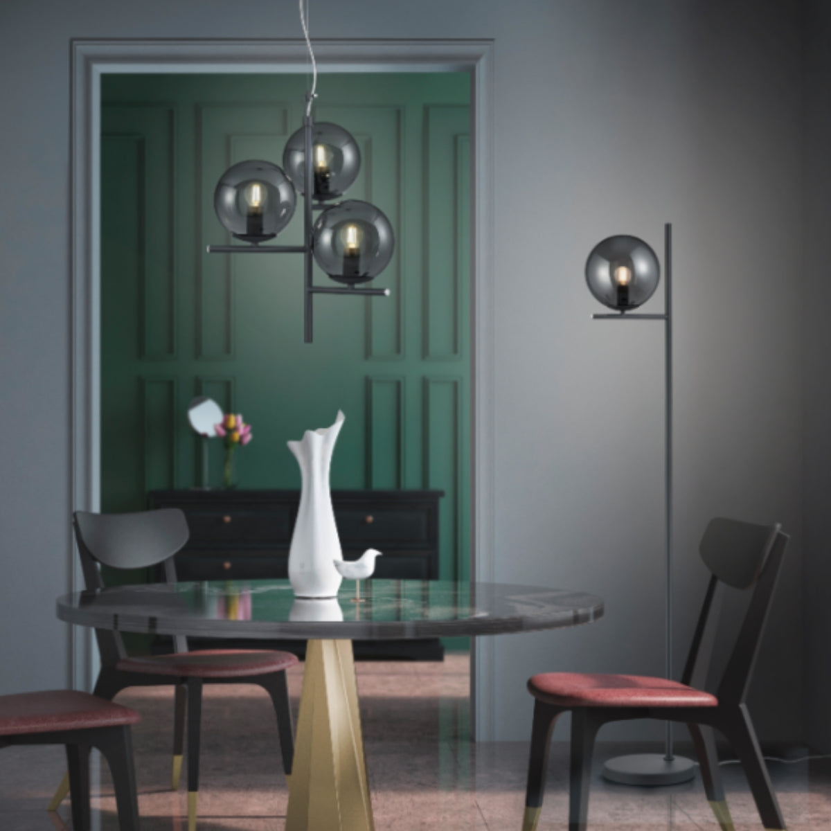 Hugo floor lamp in elegant interior, modern standing lamp with warm ambient lighting