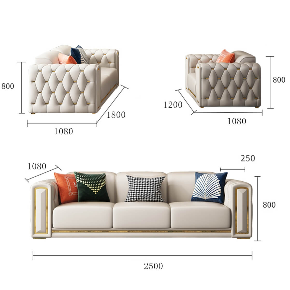 Dimensions of Simplicity modern leather living room sofa set showcasing spacious seating and sleek design