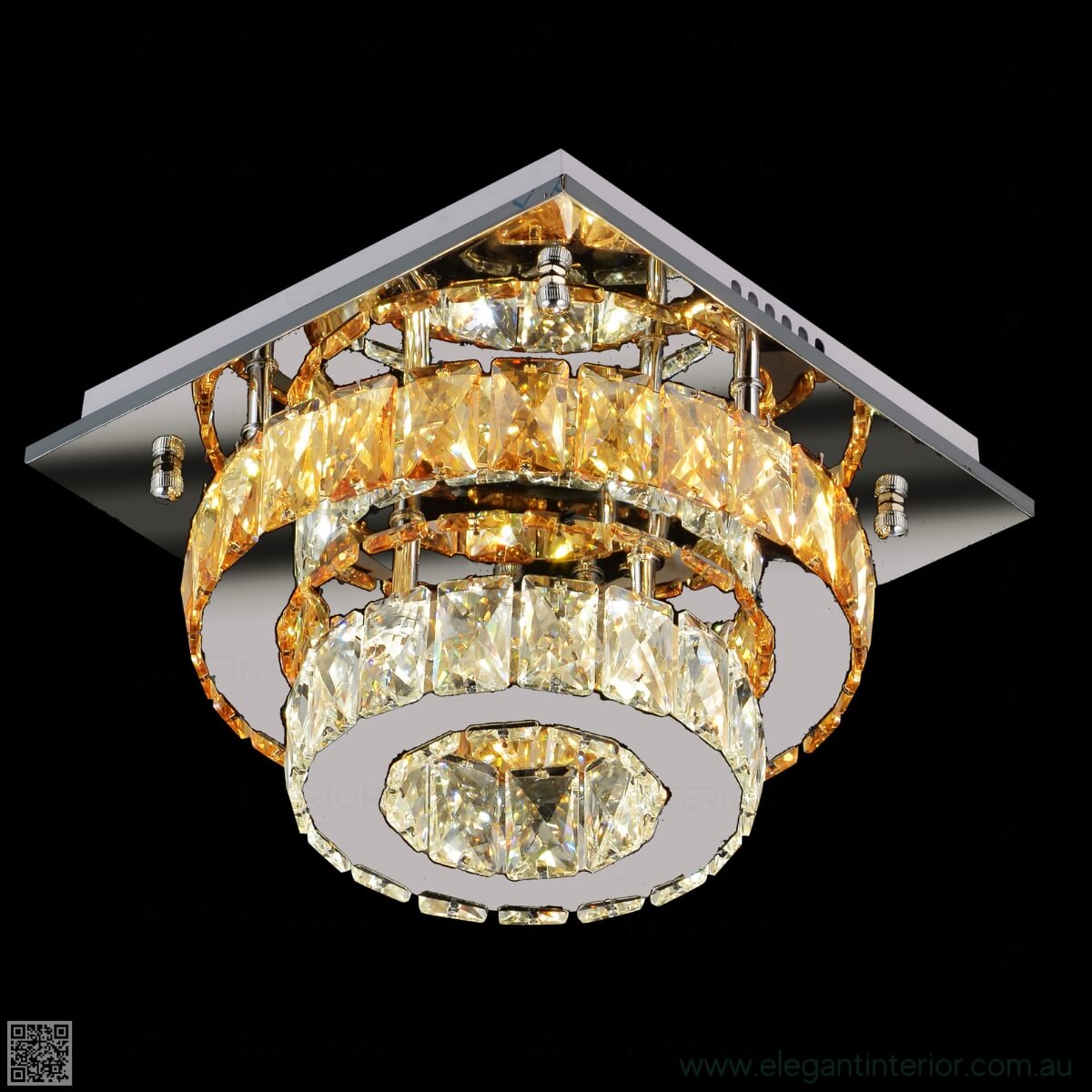 Jennifer’s flush mount ceiling LED light on, angled view in elegant interior setting