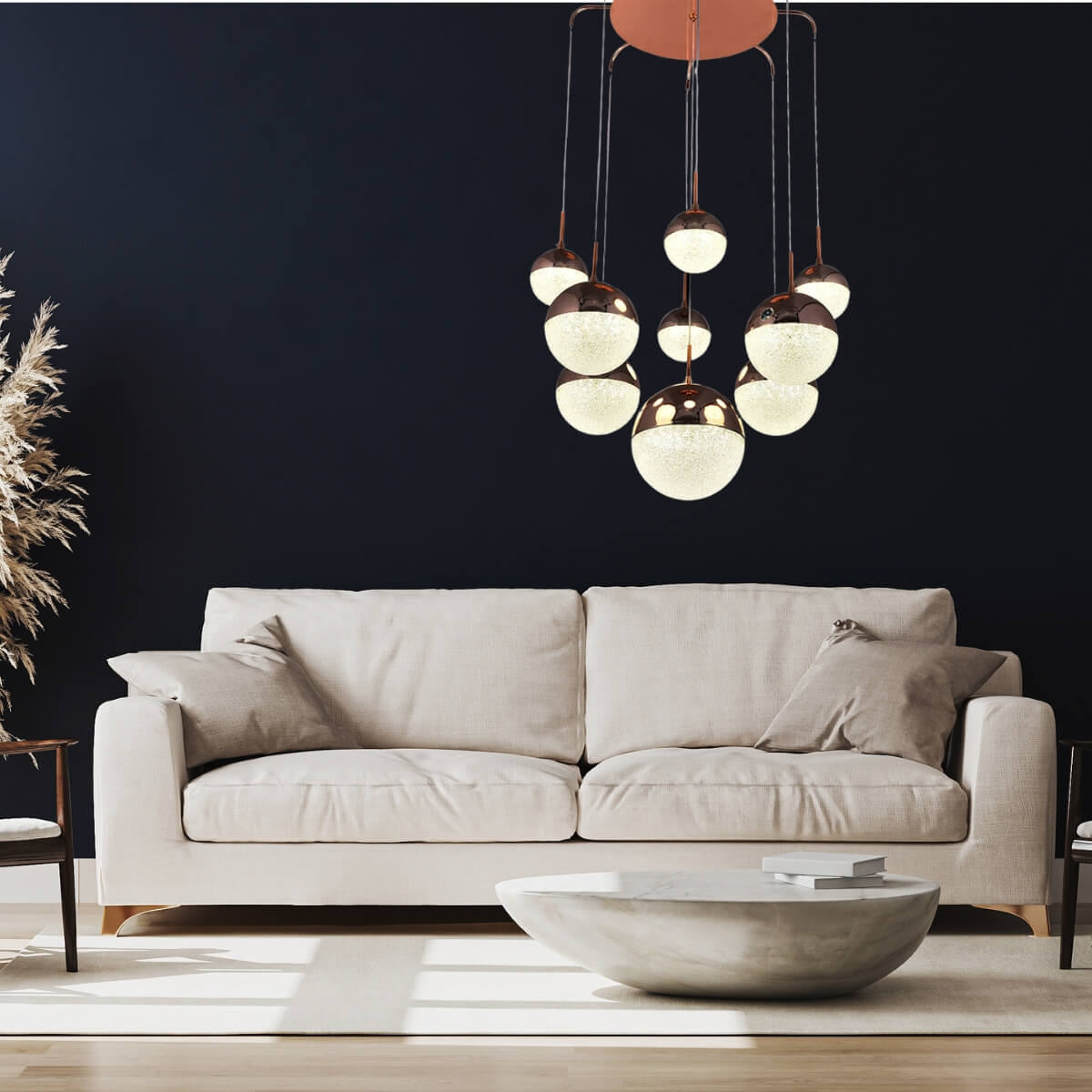 Leiah 9-light LED ceiling round pendant lights in living room with stylish modern design