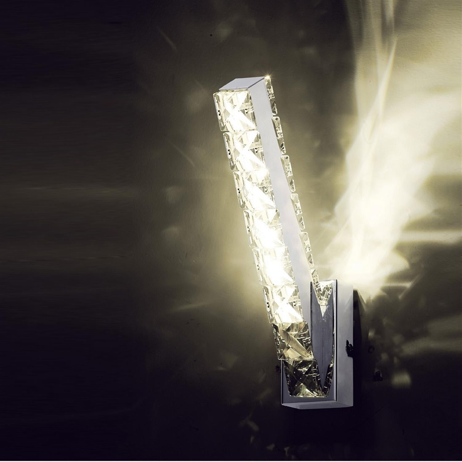Front view of Seema polished chrome and crystal vertical LED wall light with sleek design