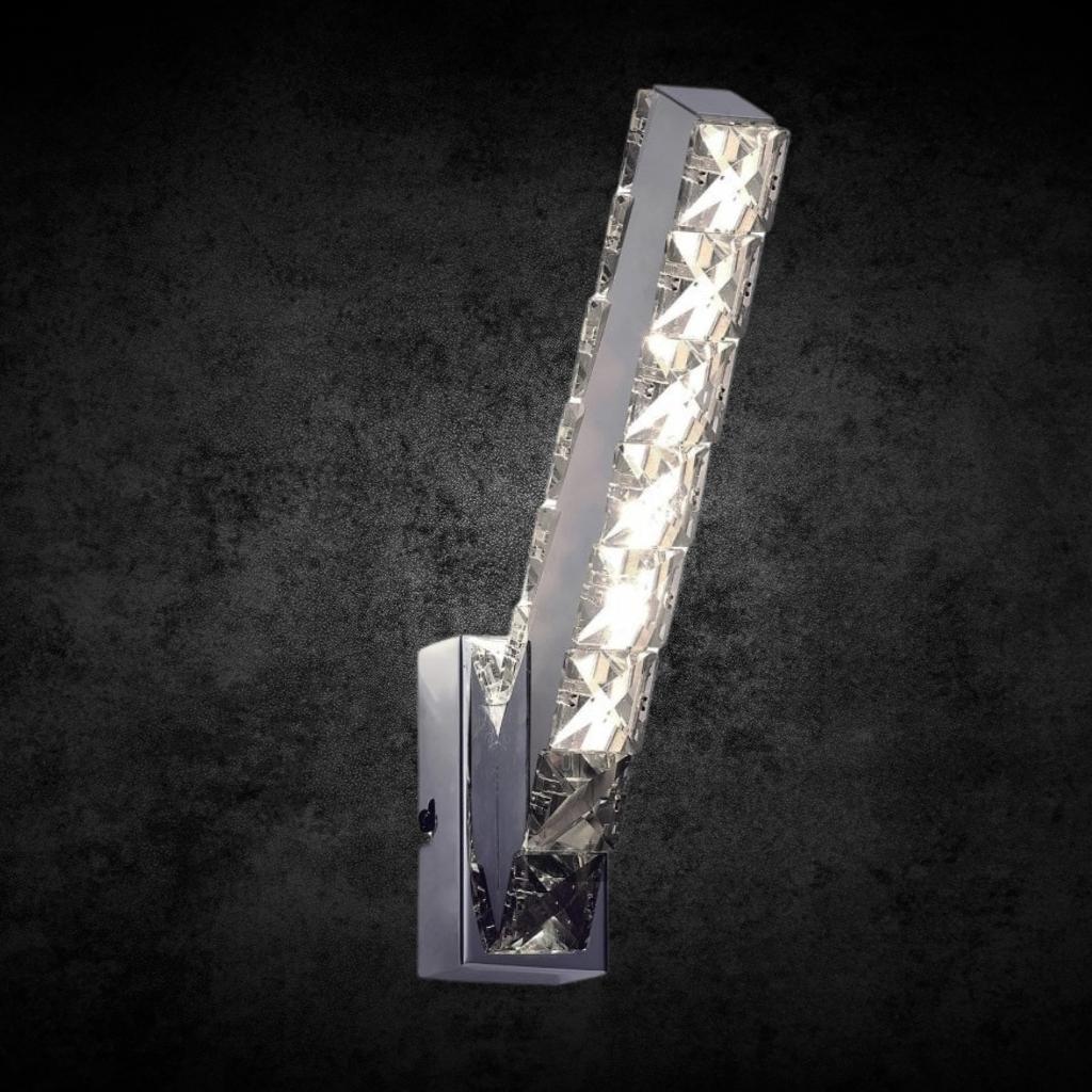 Front view of Seema polished chrome and crystal vertical LED wall light with sleek design