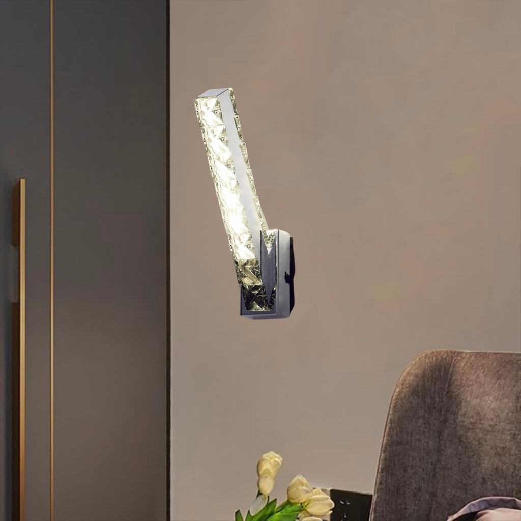 Seema polished chrome and crystal vertical LED wall light mounted on elegant side wall
