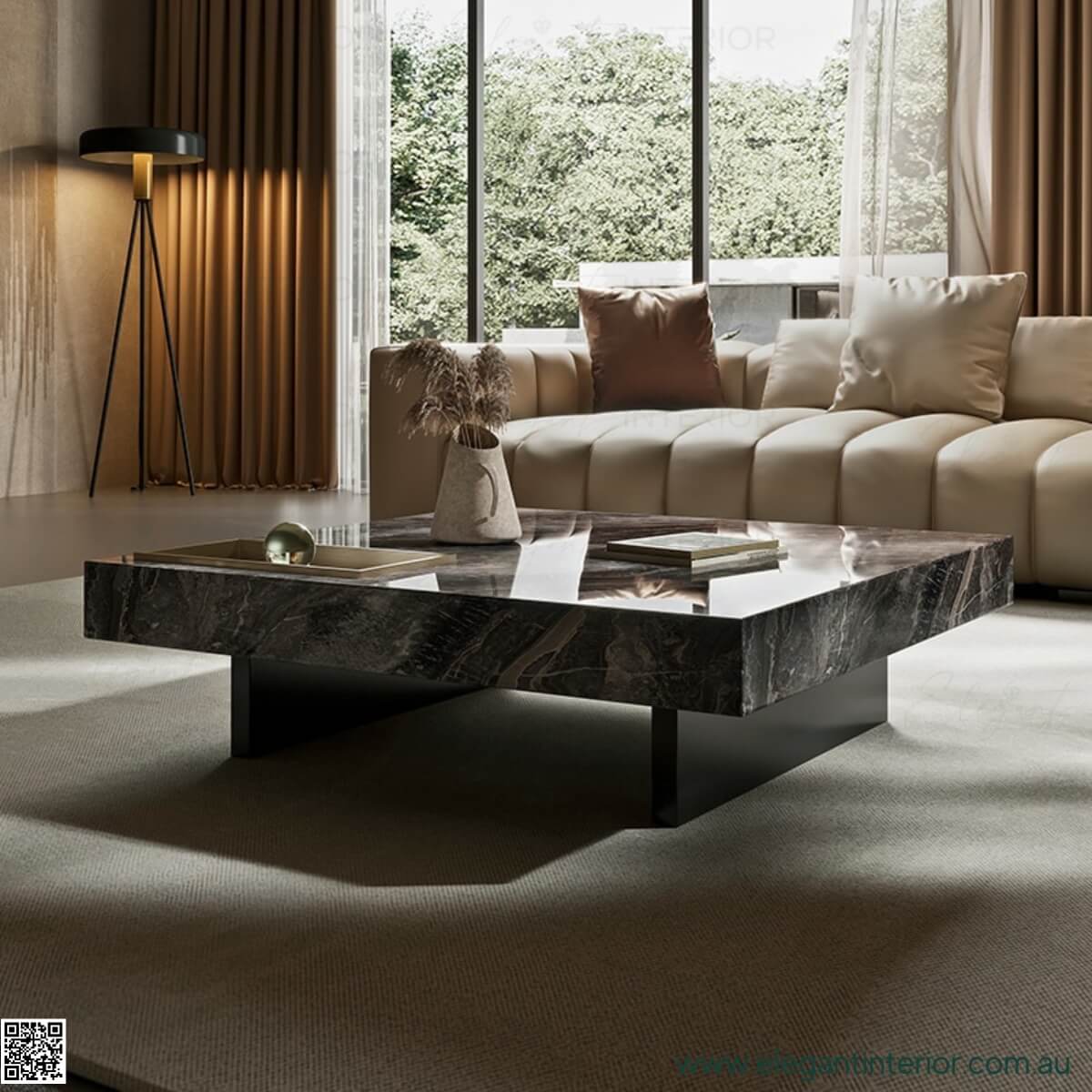 Front view of luxury marble square coffee table in elegant Australian living room
