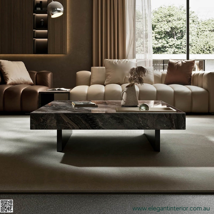 Front view of luxury marble square coffee table showcasing elegant design in Australia
