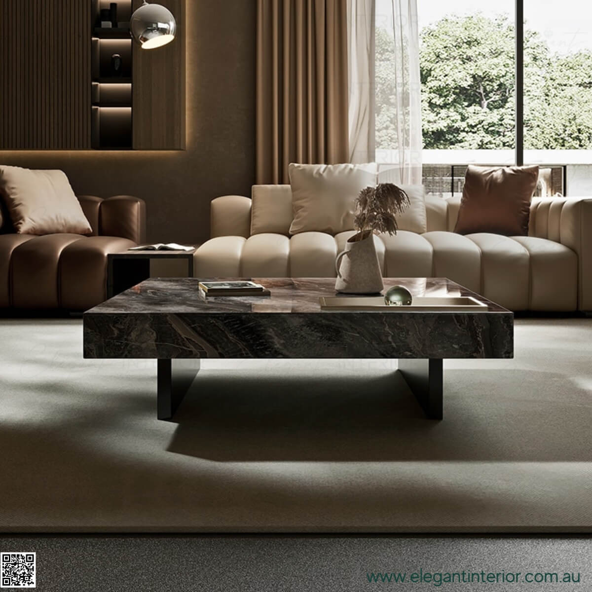 Front view of luxury marble square coffee table showcasing elegant design in Australia