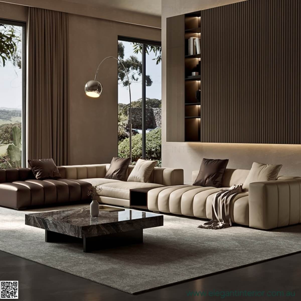 Luxury marble square coffee table in elegant Australian living room setting