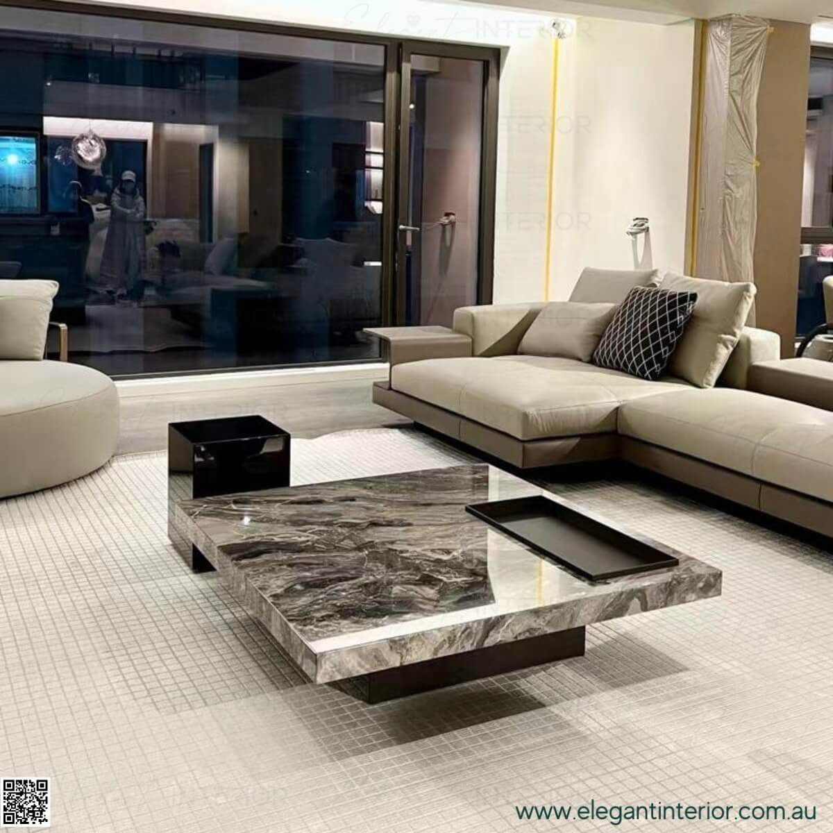 Luxury marble square coffee table in stylish Australian living room setting
