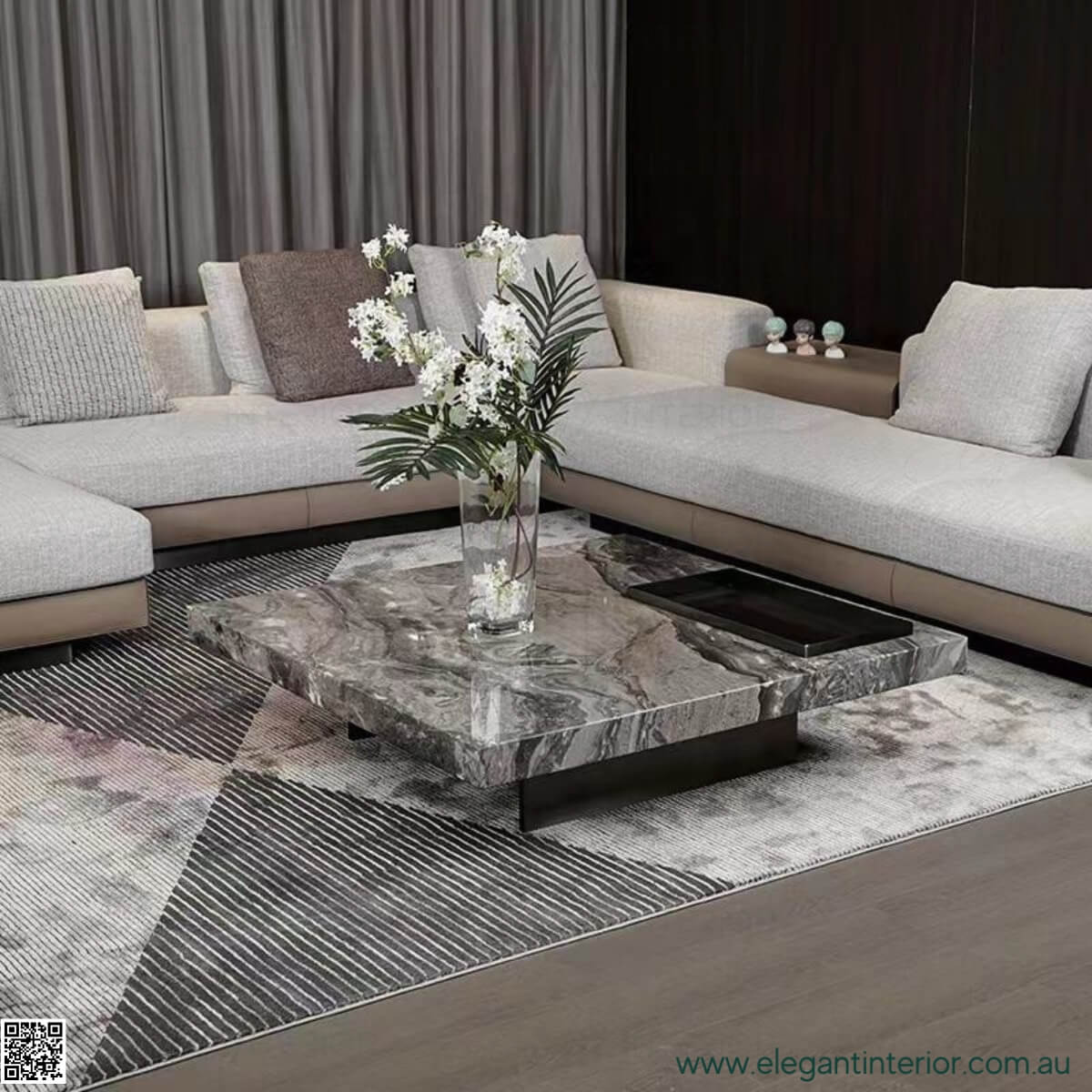 Front view of luxury marble square coffee table showcasing elegant design in Australia