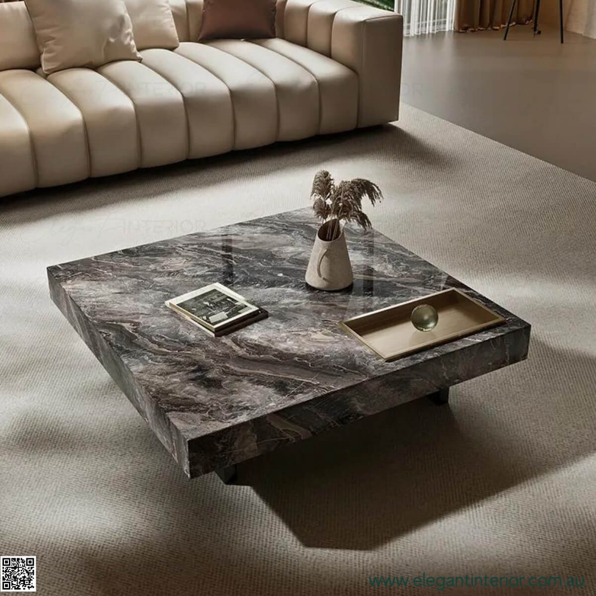 Luxury marble square coffee table in stylish Australian living room setting