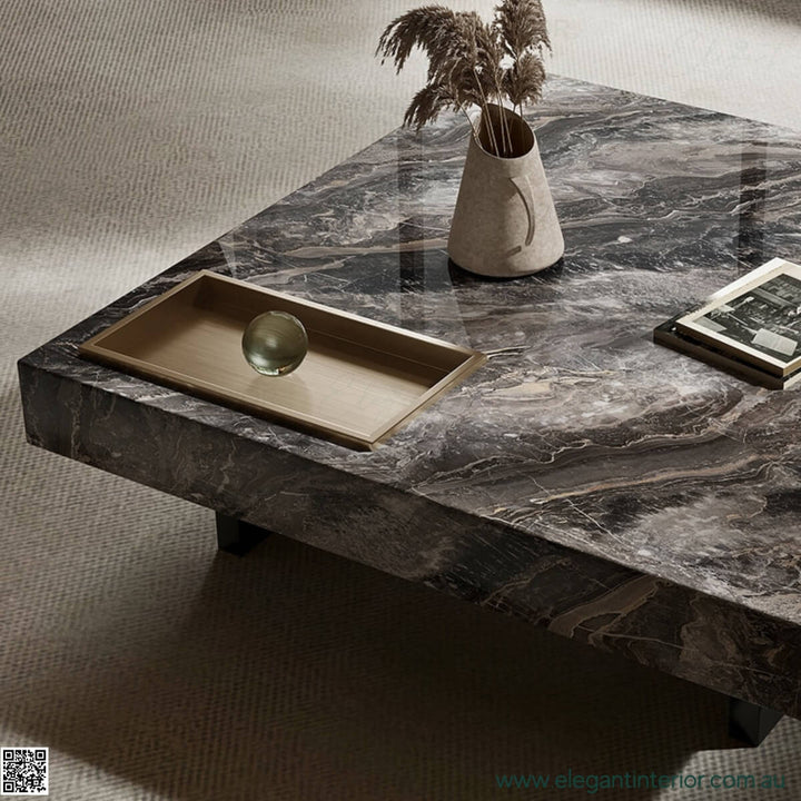 Detailed view of luxury marble square coffee table showcasing elegant design in Australia