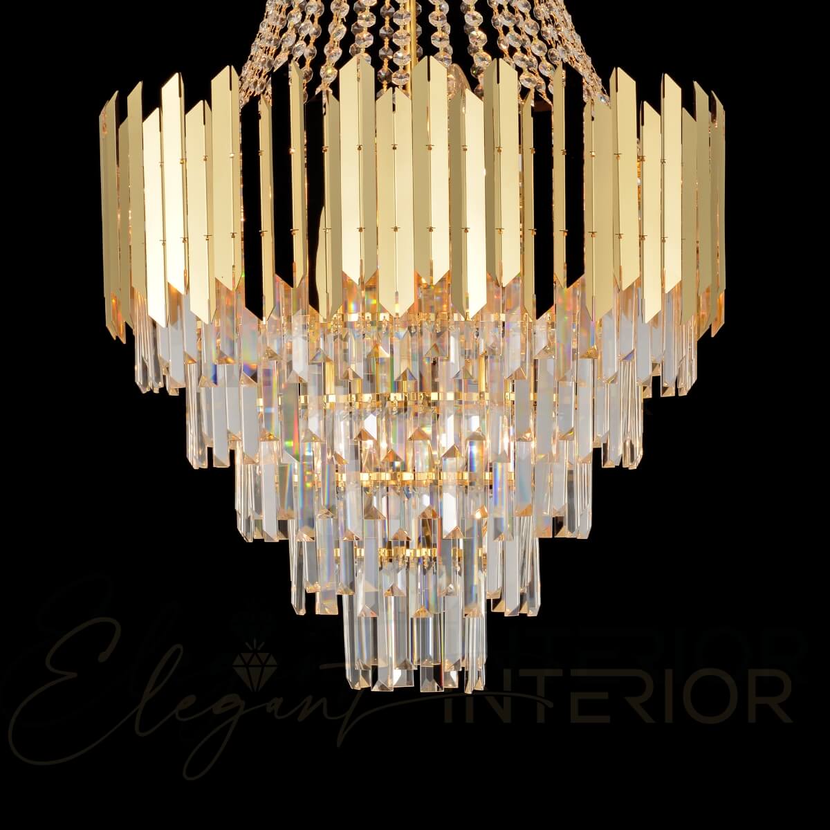 Close view of Tara chandelier in elegant Australian interior with lights on – highlighting intricate details and warm, ambient glow