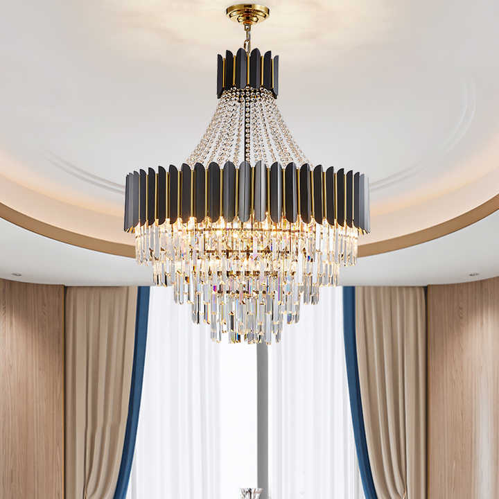 Front view of Tara chandelier in elegant Australian interior – luxurious design featuring sparkling crystals and refined metalwork