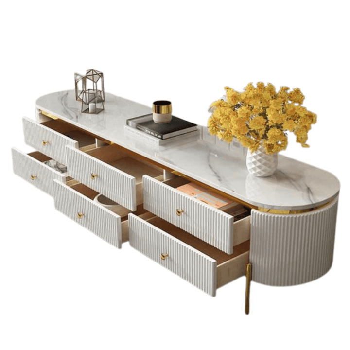 Marble TV table in Australia with drawer open – showcasing functional storage and sleek modern design
