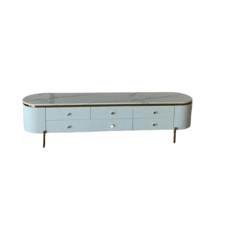 Front view of marble TV table in Australia – modern design with elegant marble top and sleek storage drawers