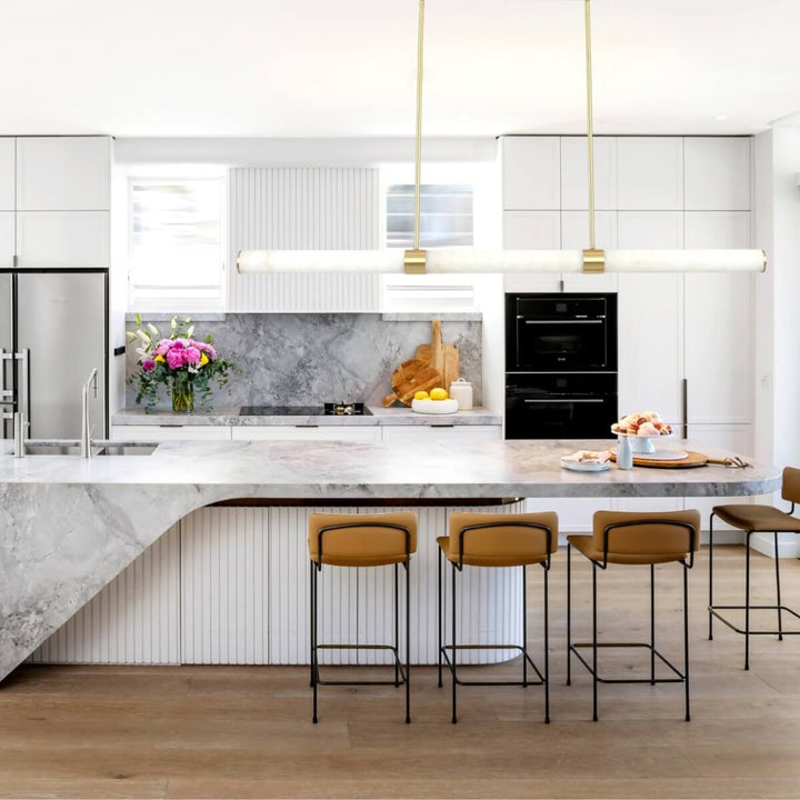 Marmar marble bar light above dining table, elegant modern interior lighting design