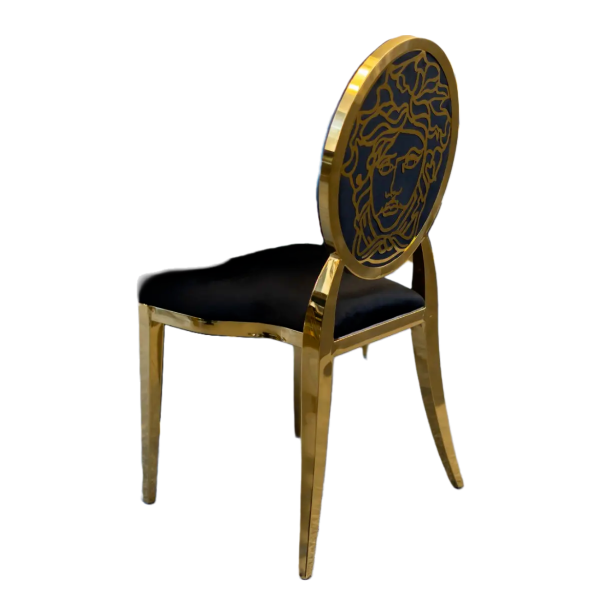 Back view of Medusa modern glamour chair – unique steel man face design with artistic and luxurious style