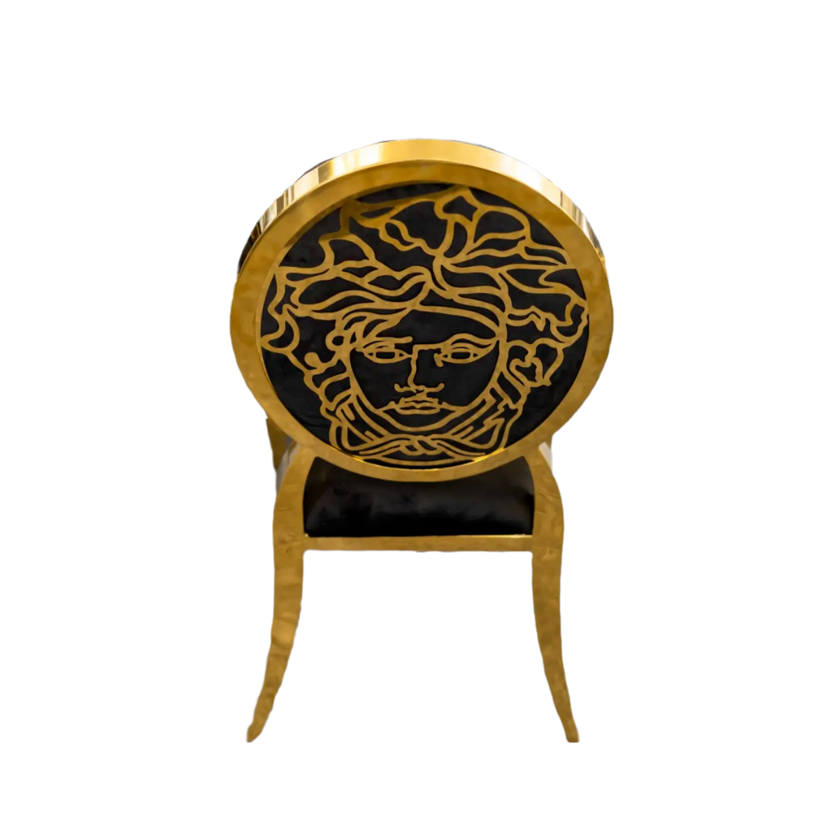 Top back view of Medusa modern glamour chair – unique steel man face design with luxurious and artistic appeal