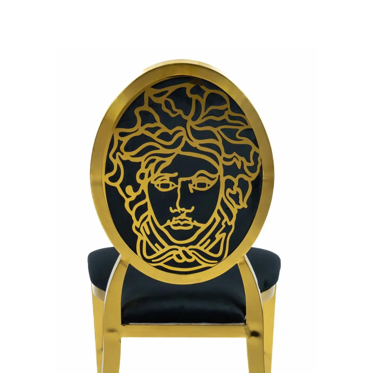 Back view of Medusa modern glamour chair – unique steel man face design with bold and artistic craftsmanship