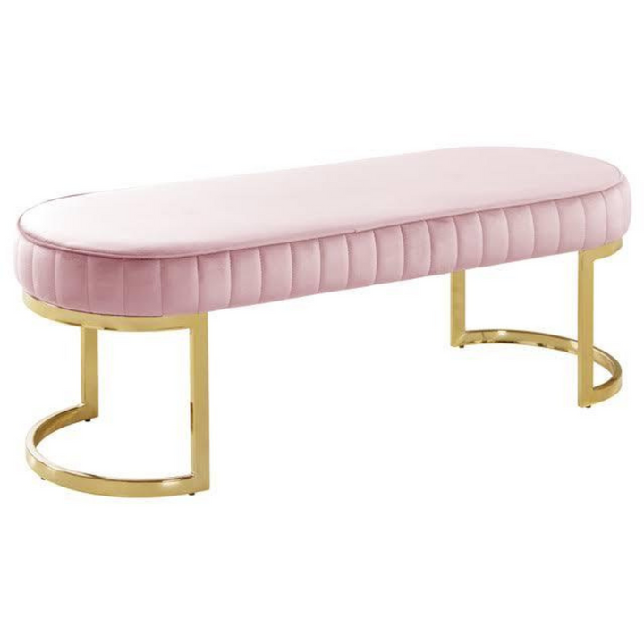 Side view of oval velvet half-moon leg chair in pink color – elegant and modern design for Australian interiors