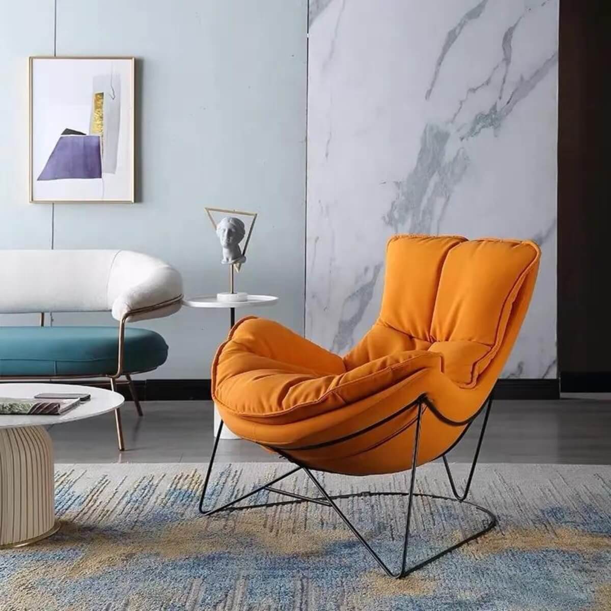 Side angle view of popular comfortable Italian upholstered soft lounge chair – stylish modern sofa with plush cushions